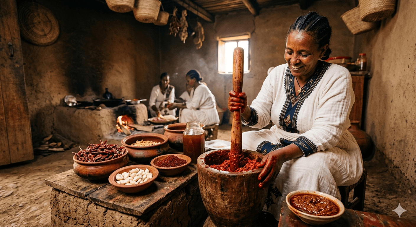 Traditional Ethiopian spice grinding